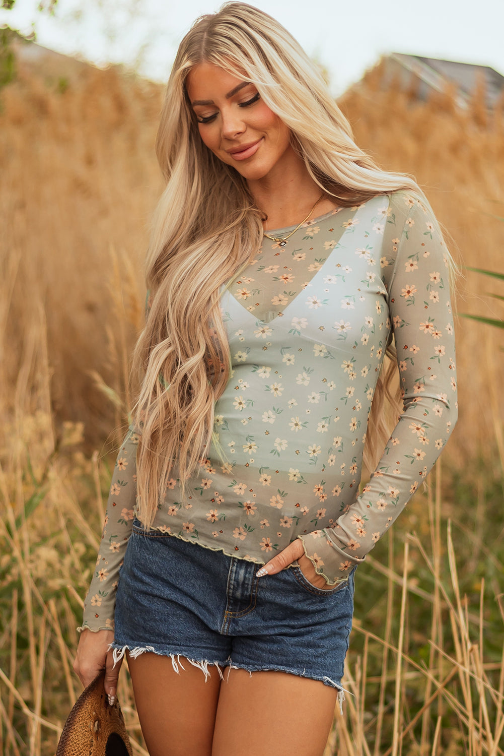 Laurel Green Vintage Floral Print Mesh Long Sleeve Top