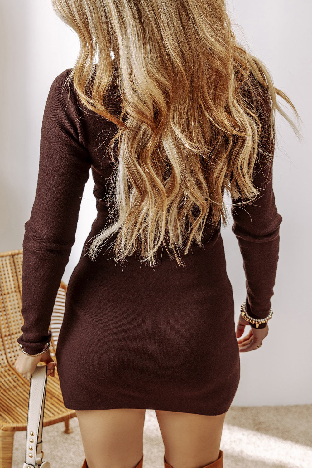 Coffee Slim Fit Side Slit Sweater Dress