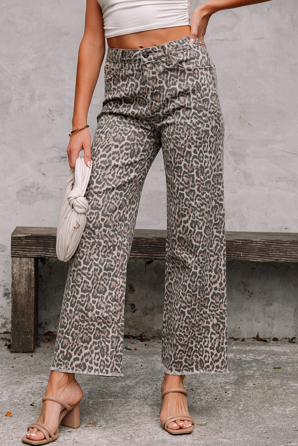 Leopard Frayed Edge Wide Leg High Waist Jeans