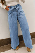 Western Washed Bow Knot Wide Leg Jeans