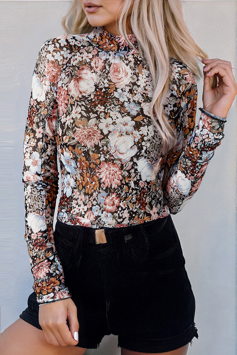 Floral Long Sleeve High Neck Mesh Blouse