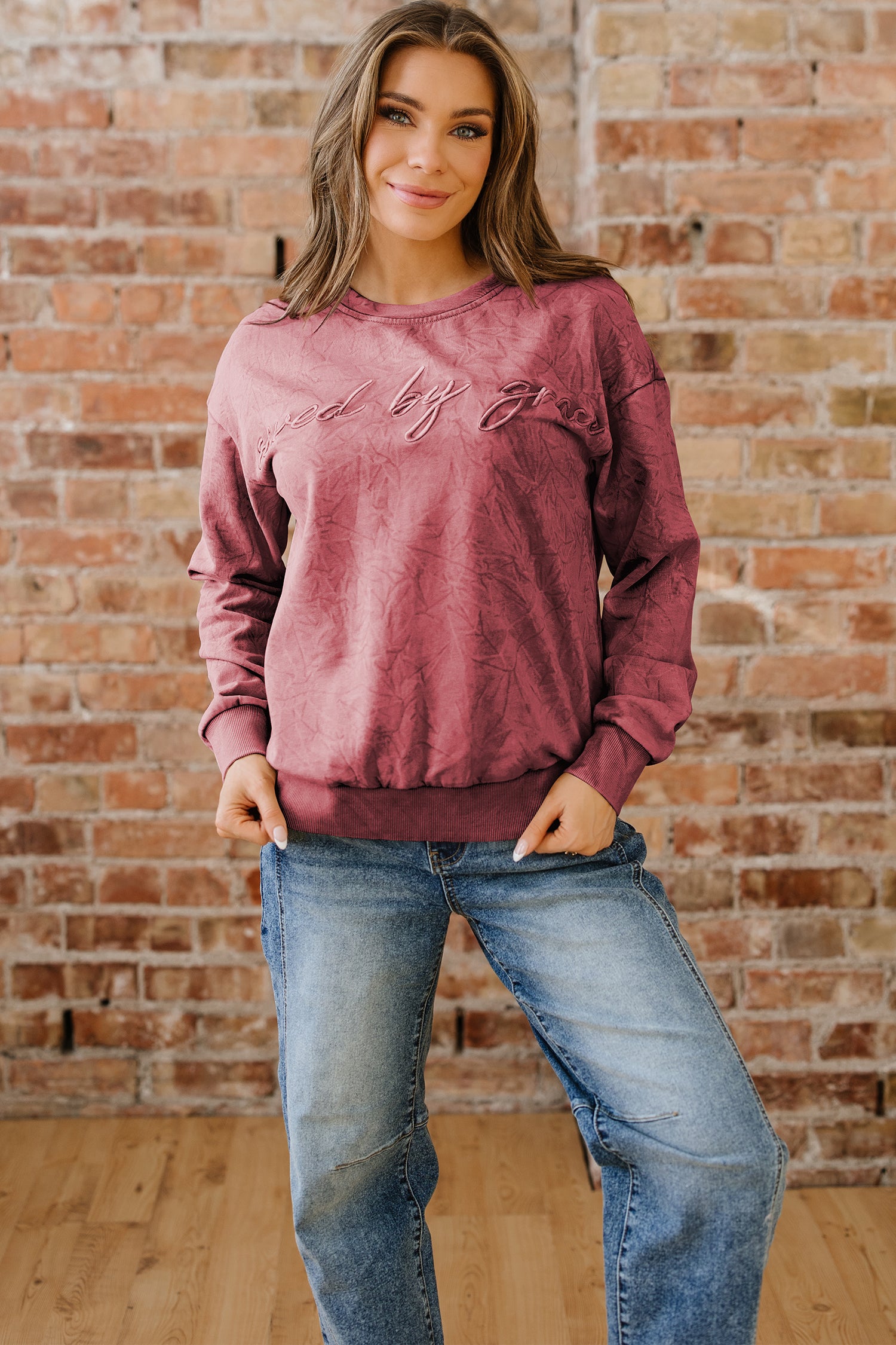 Saved By Grace Embroidered Mineral Wash Sweatshirt