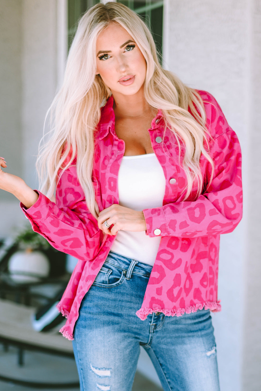 Pink Leopard Print Raw Hem Jacket