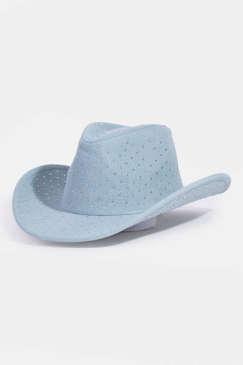 Rhinestone Studded Light Denim Western Fedora Hat