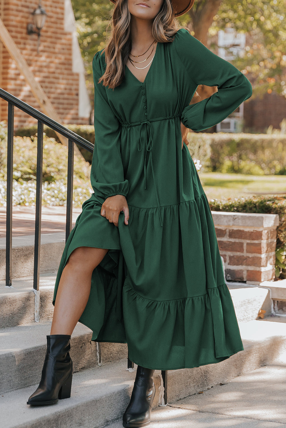 Green Long Sleeve Tiered Maxi Dress