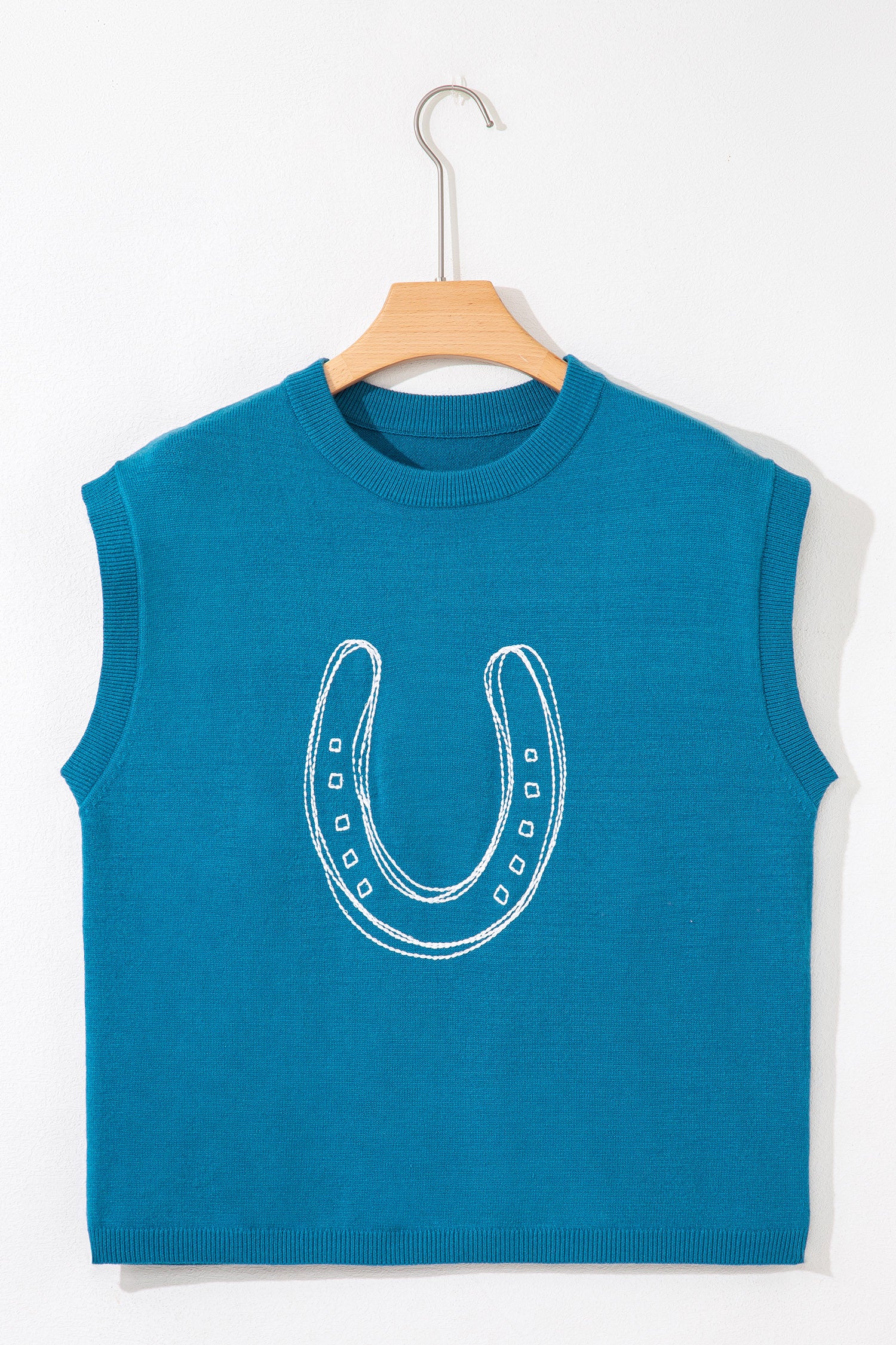 Horse Shoe Embroidered Short Sleeve Sweater