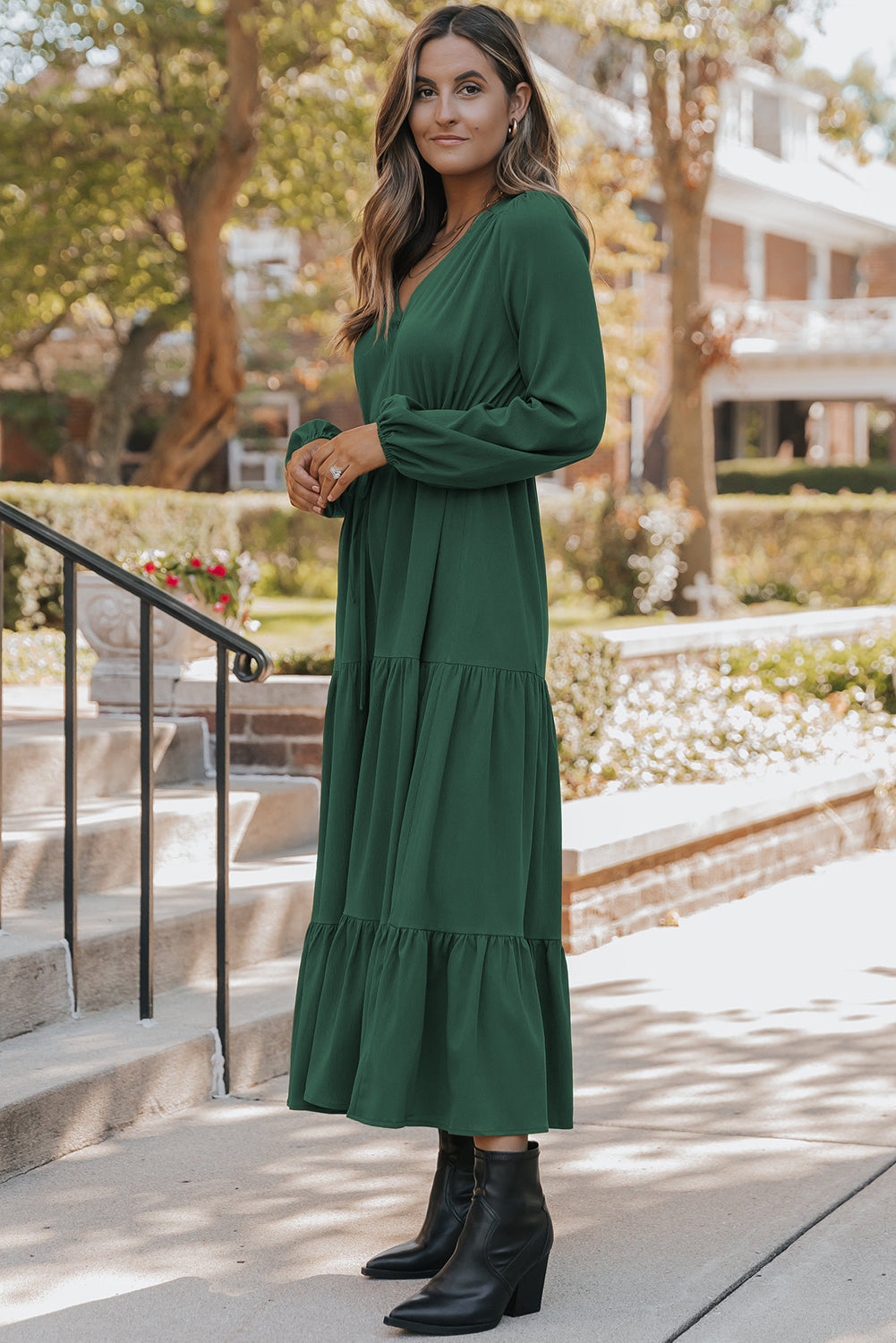 Green Long Sleeve Tiered Maxi Dress