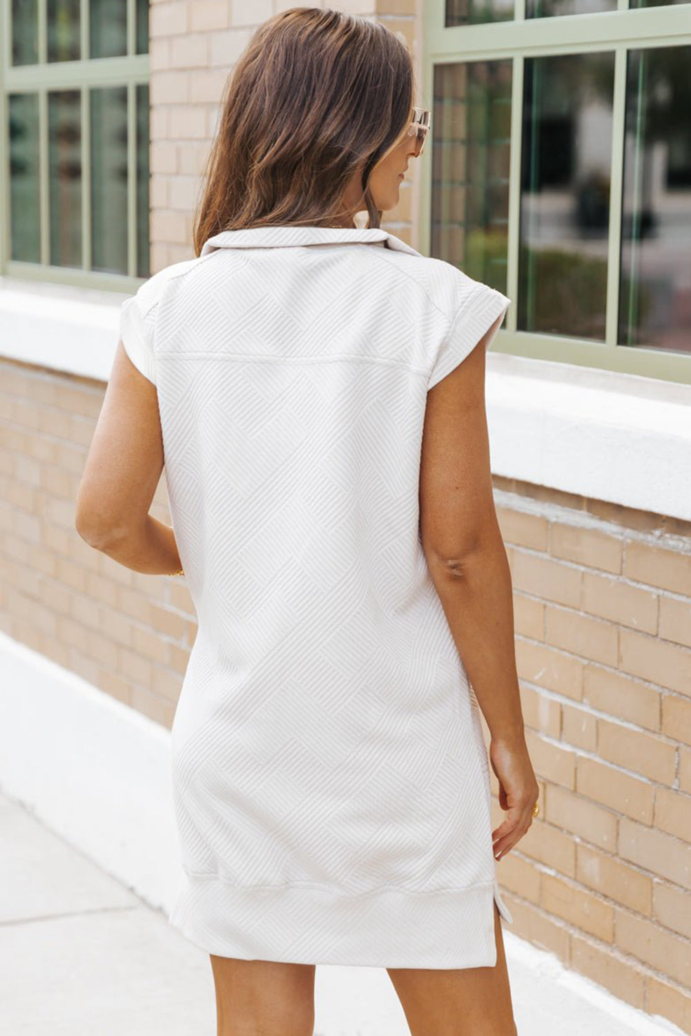 White Textured Half Zip Collared Mini Dress