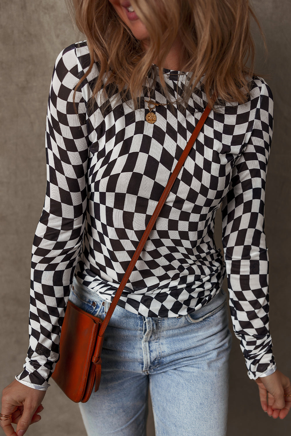 Black Checkered Mesh Long Sleeve Top
