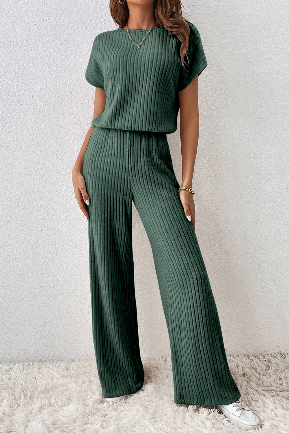 Ribbed Keyhole Short Sleeve Jumpsuit