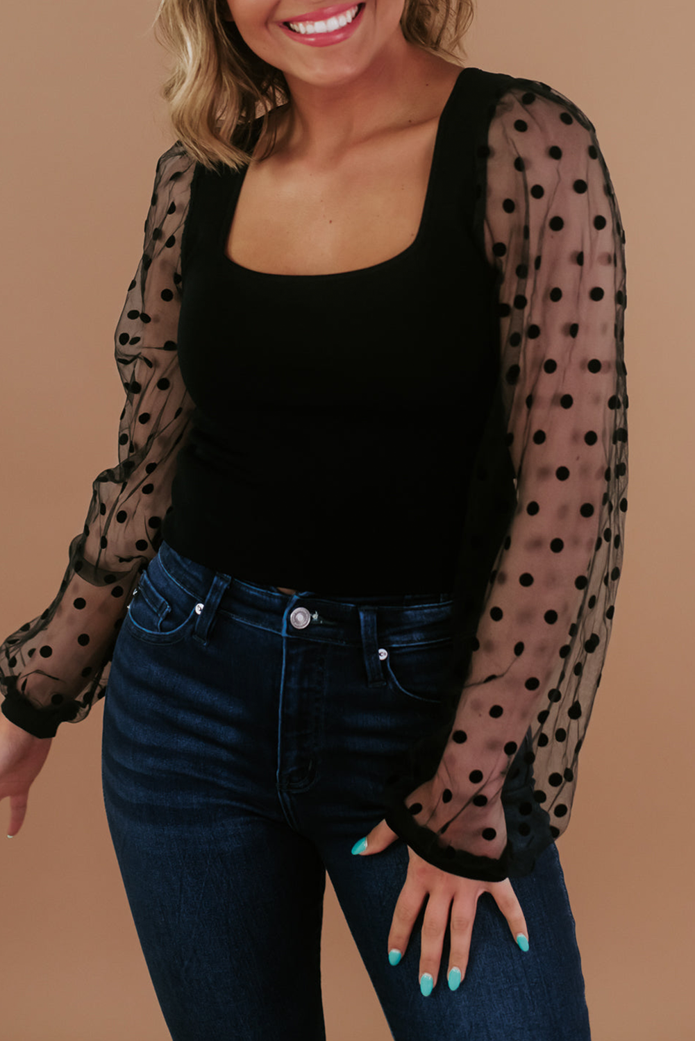 Polka Dot Mesh Long Sleeve Top