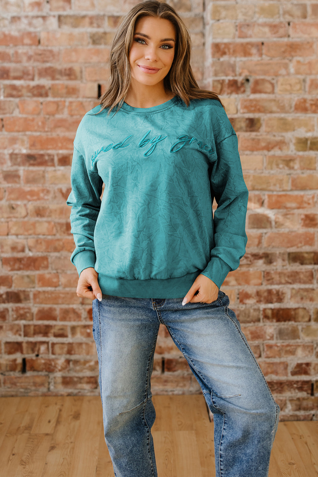 Saved By Grace Embroidered Mineral Wash Sweatshirt