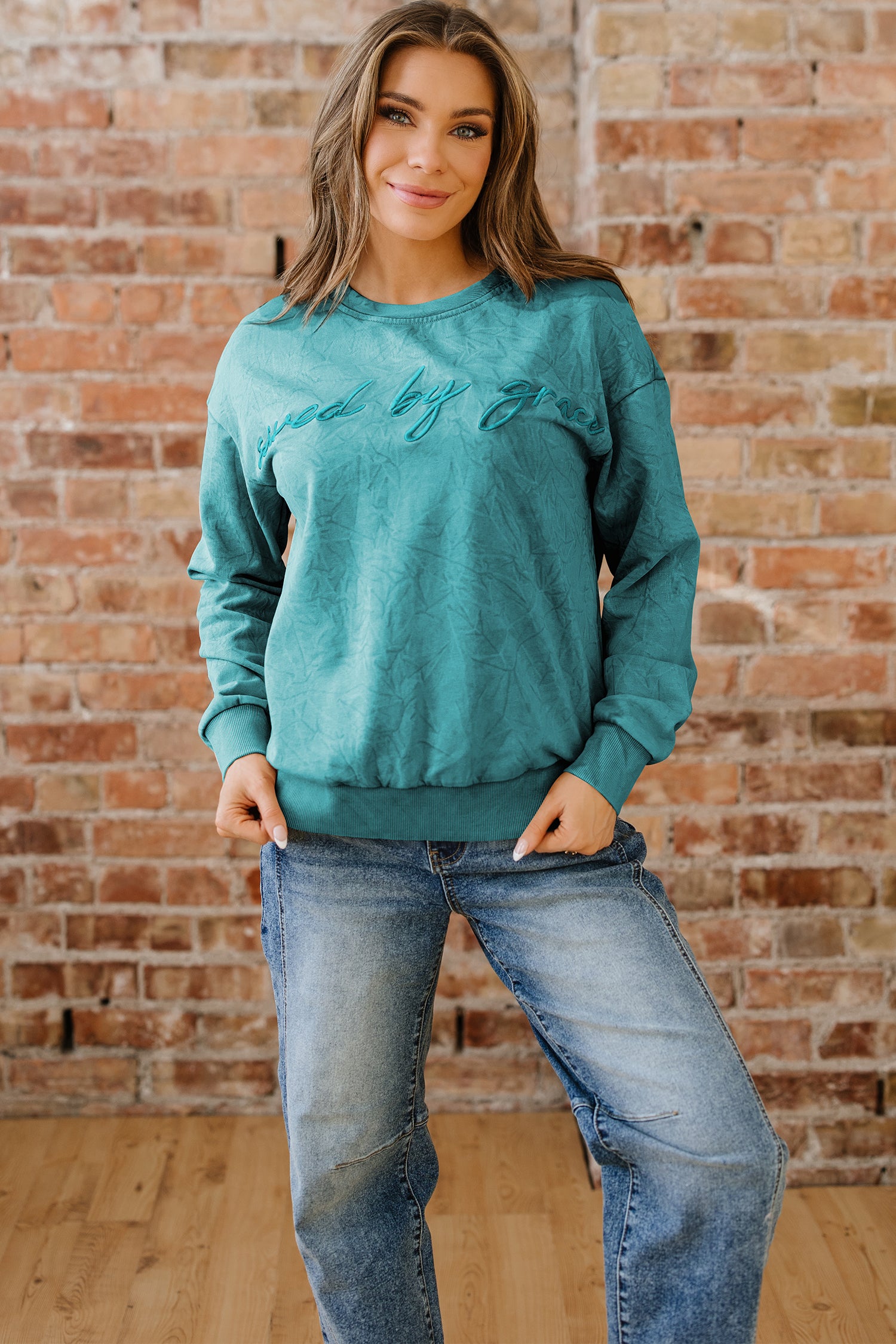 Saved By Grace Embroidered Mineral Wash Sweatshirt