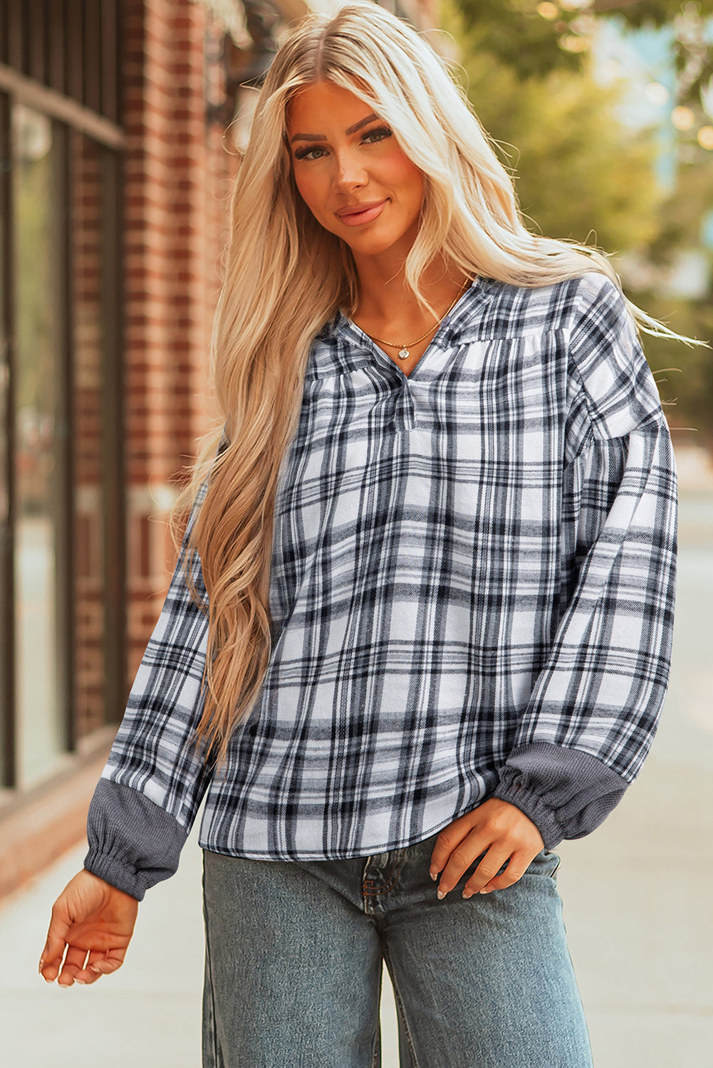 Brown Plaid Long Sleeve Hooded Sweater