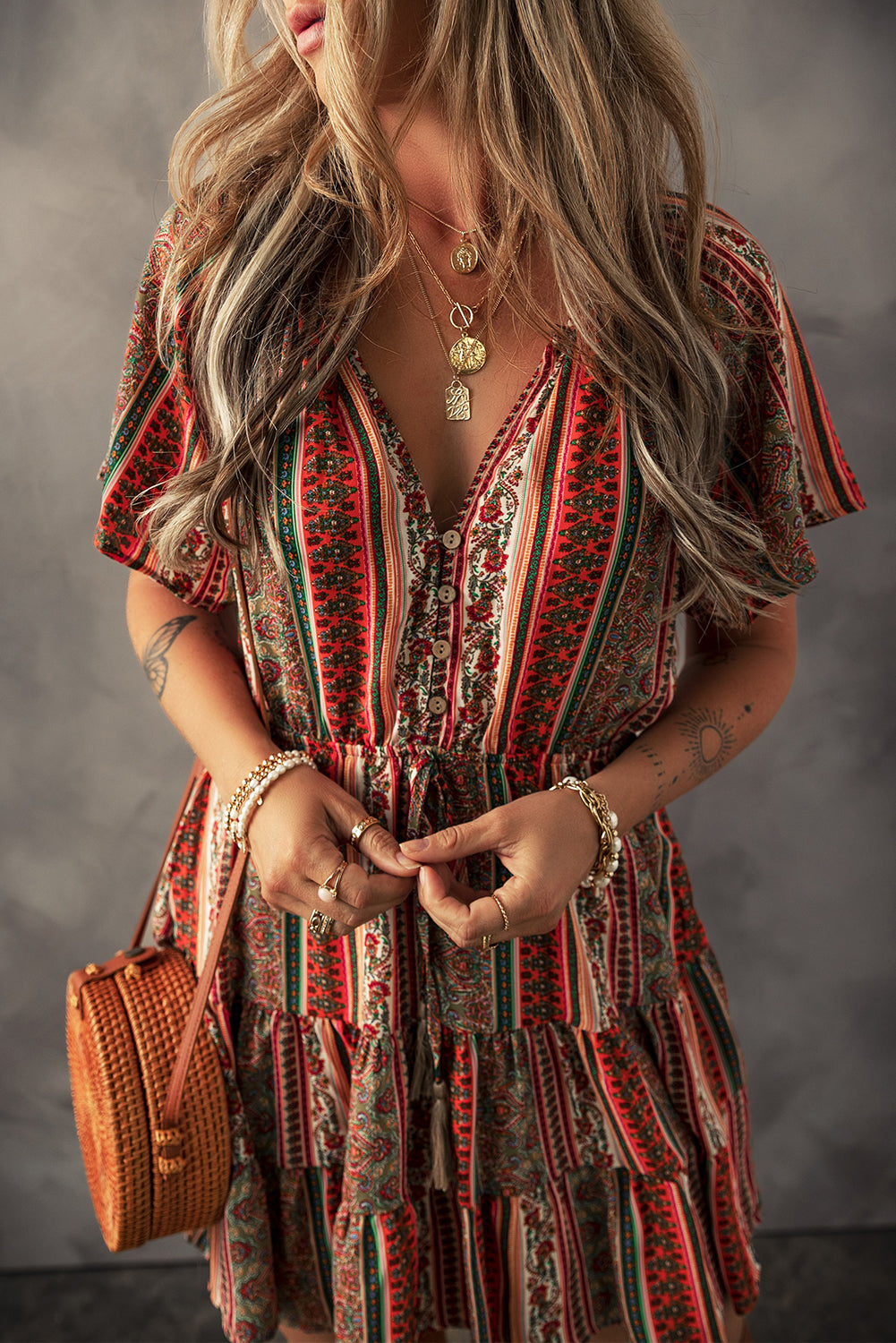 Bohemian Floral Print V Neck Dress