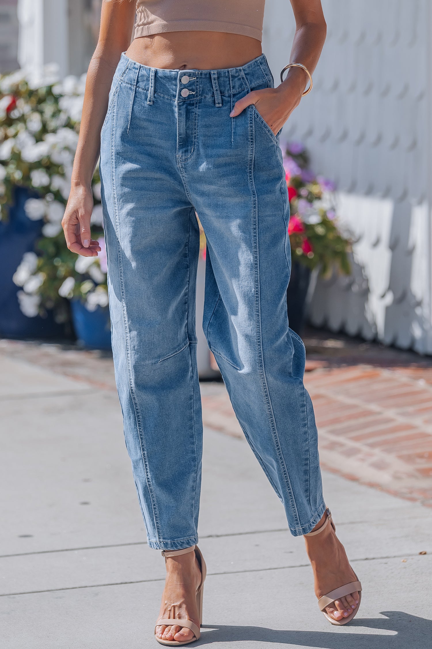Medium Wash Cuffed Barrel Jeans