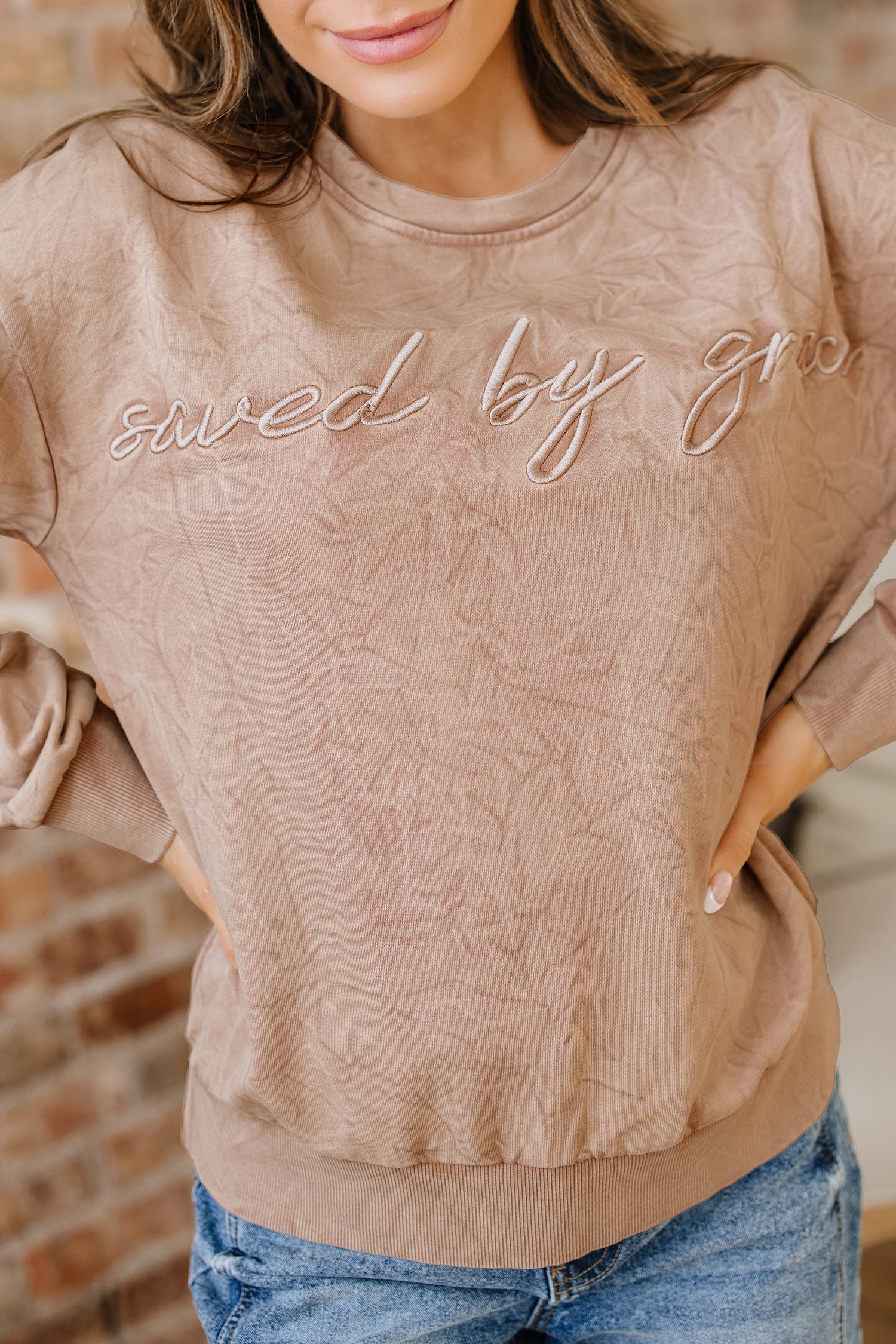 DUNE saved by grace Letter Embroidery Mineral Wash Loose Sweatshirt