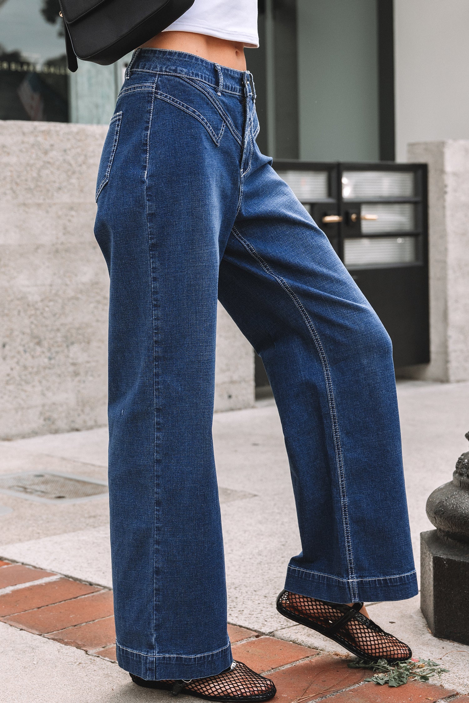Stitched Waist Detail Loose Cuffed Jeans