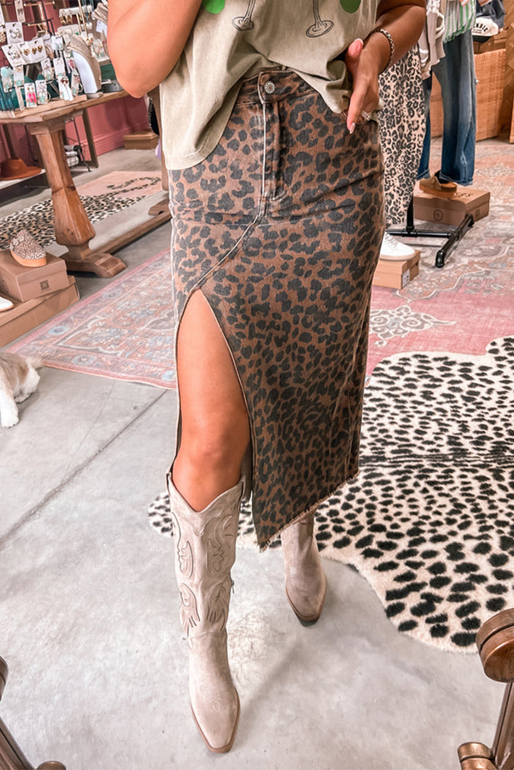 Leopard Denim Frayed Split Denim Midi Skirt