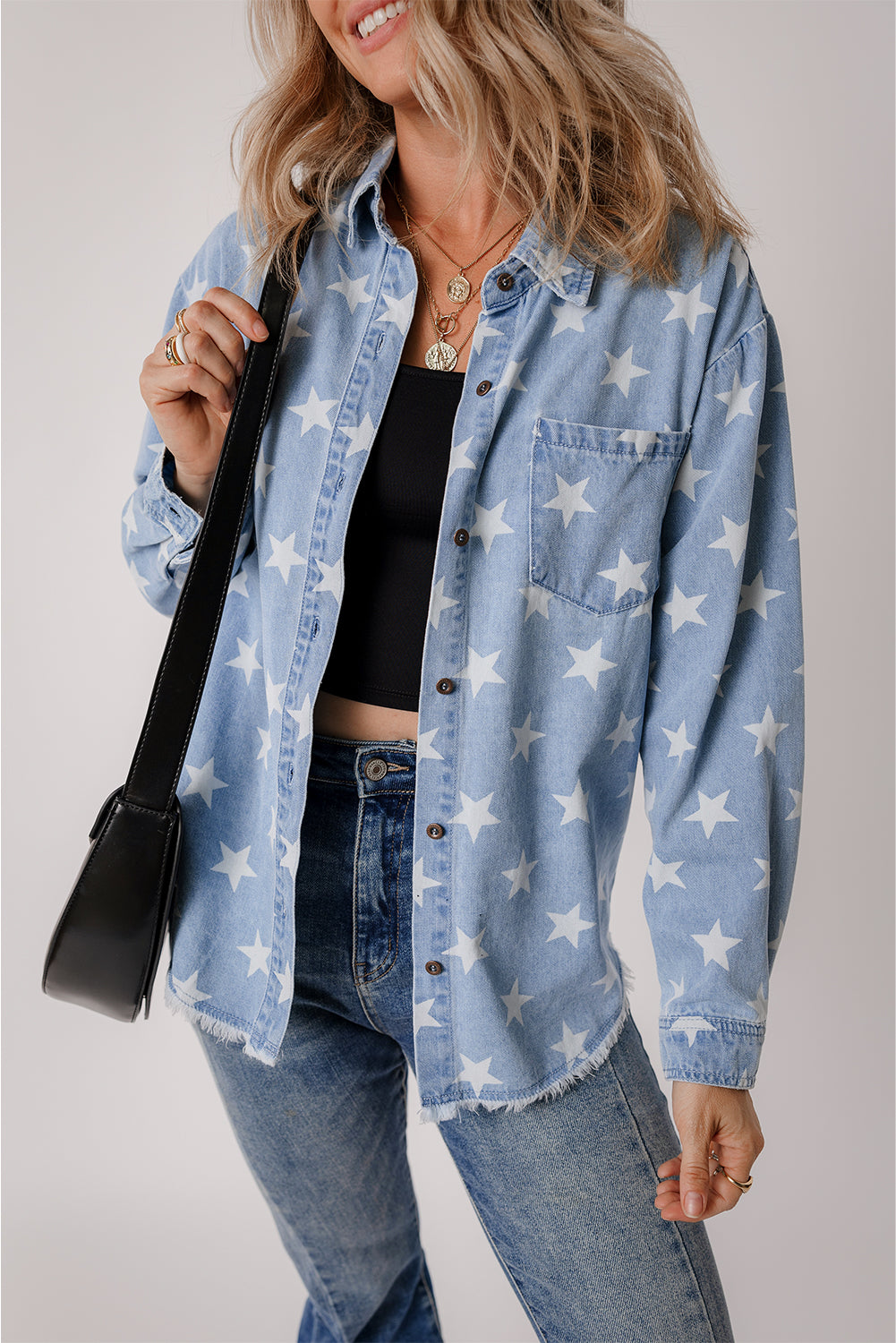Blue Star Print Light Wash Raw Hem Denim Jacket
