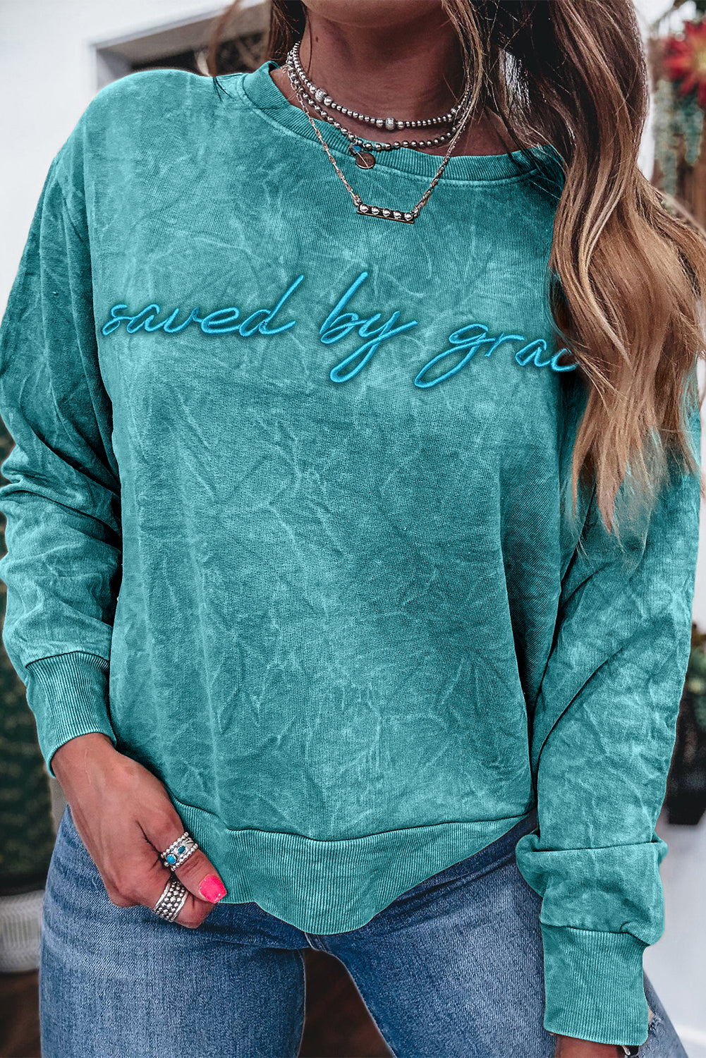 Saved By Grace Embroidered Mineral Wash Sweatshirt