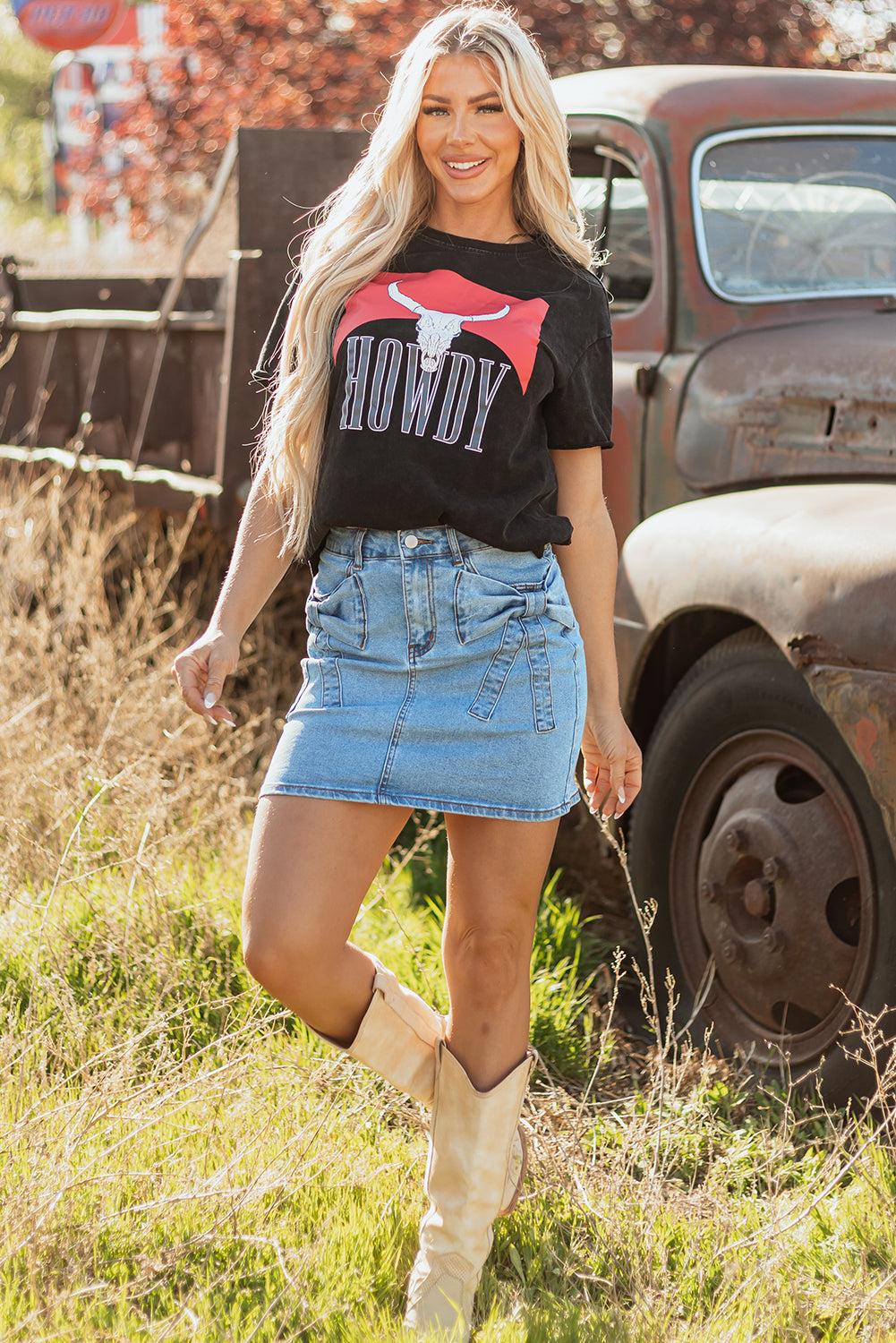 Acid Wash Bowknot High Waist Denim Skirt