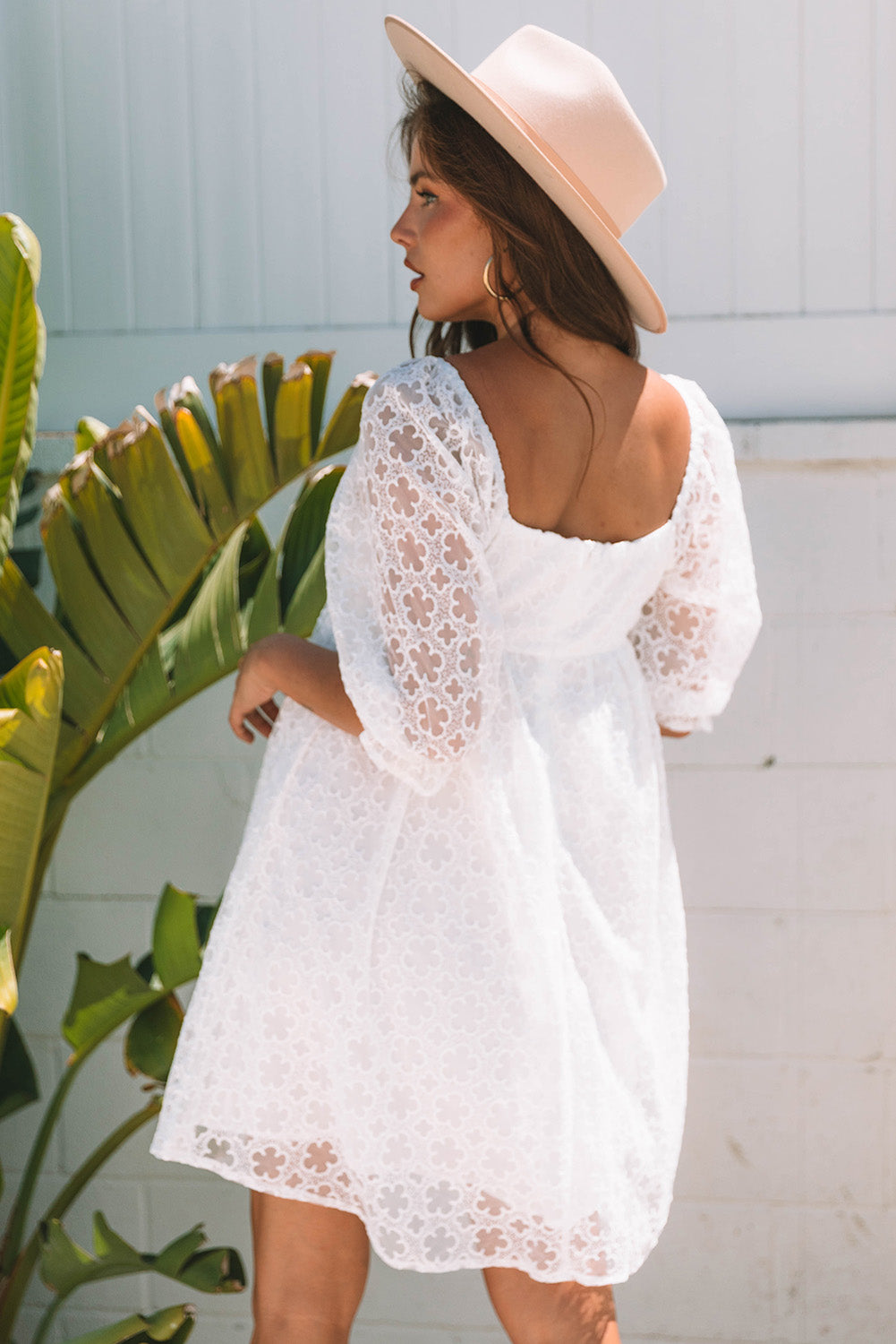 White Floral Lace Puff Sleeve Mini Dress