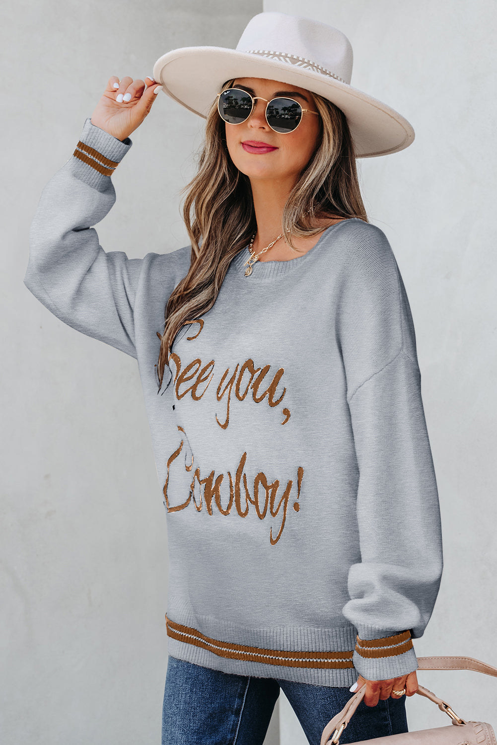 See You Cowboy Embroidered Western Graphic Sweater