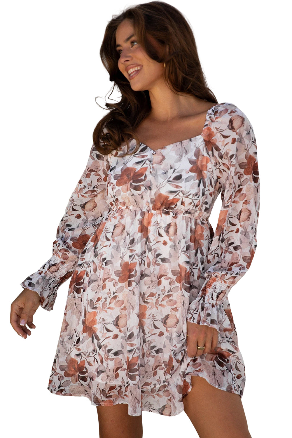 Floral Print Sweetheart Neck Long Sleeve Dress