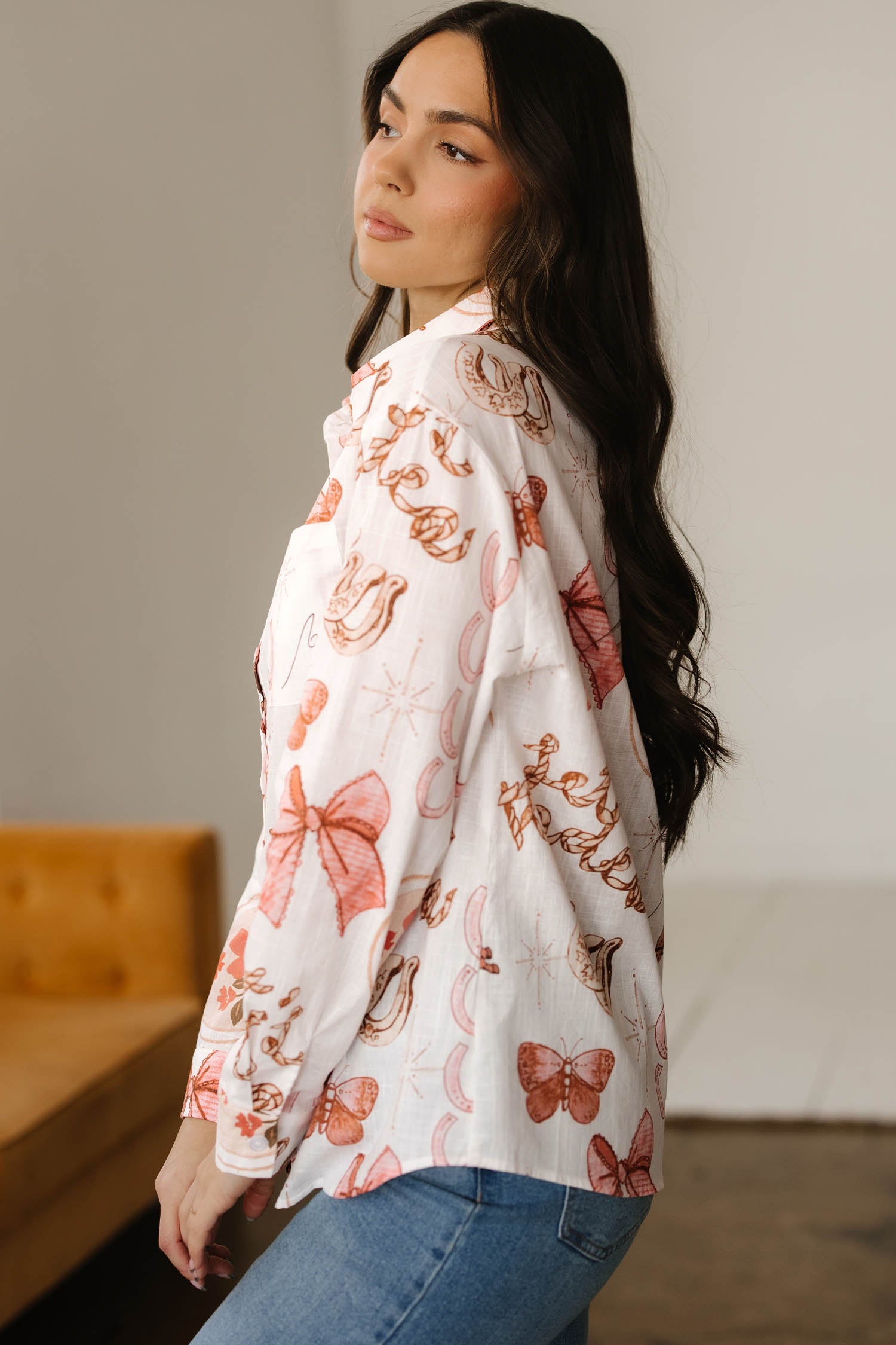 White Rodeo Cowgirl Print Button Up Shirt