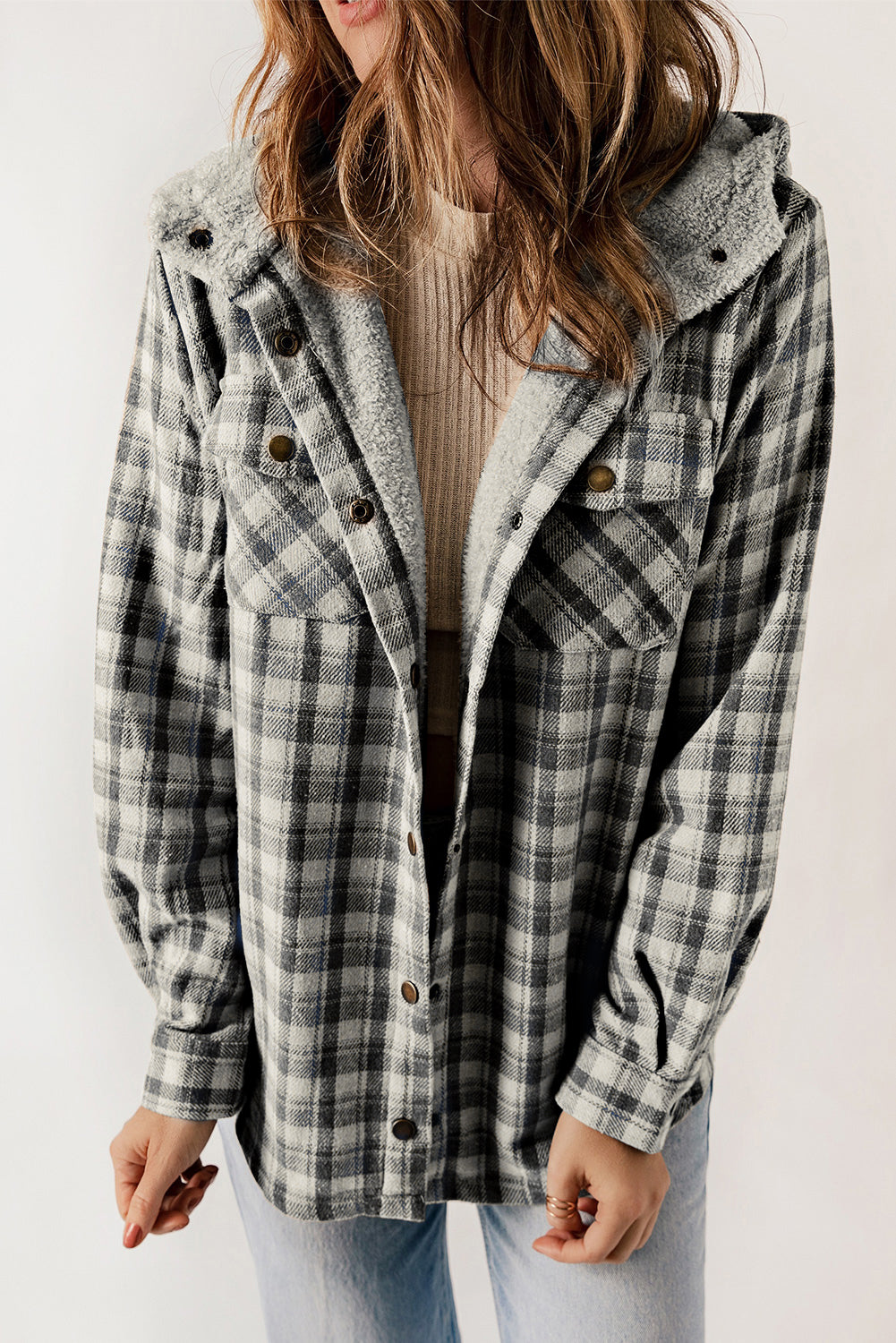 Plaid Pattern Sherpa Lined Hooded Shacket