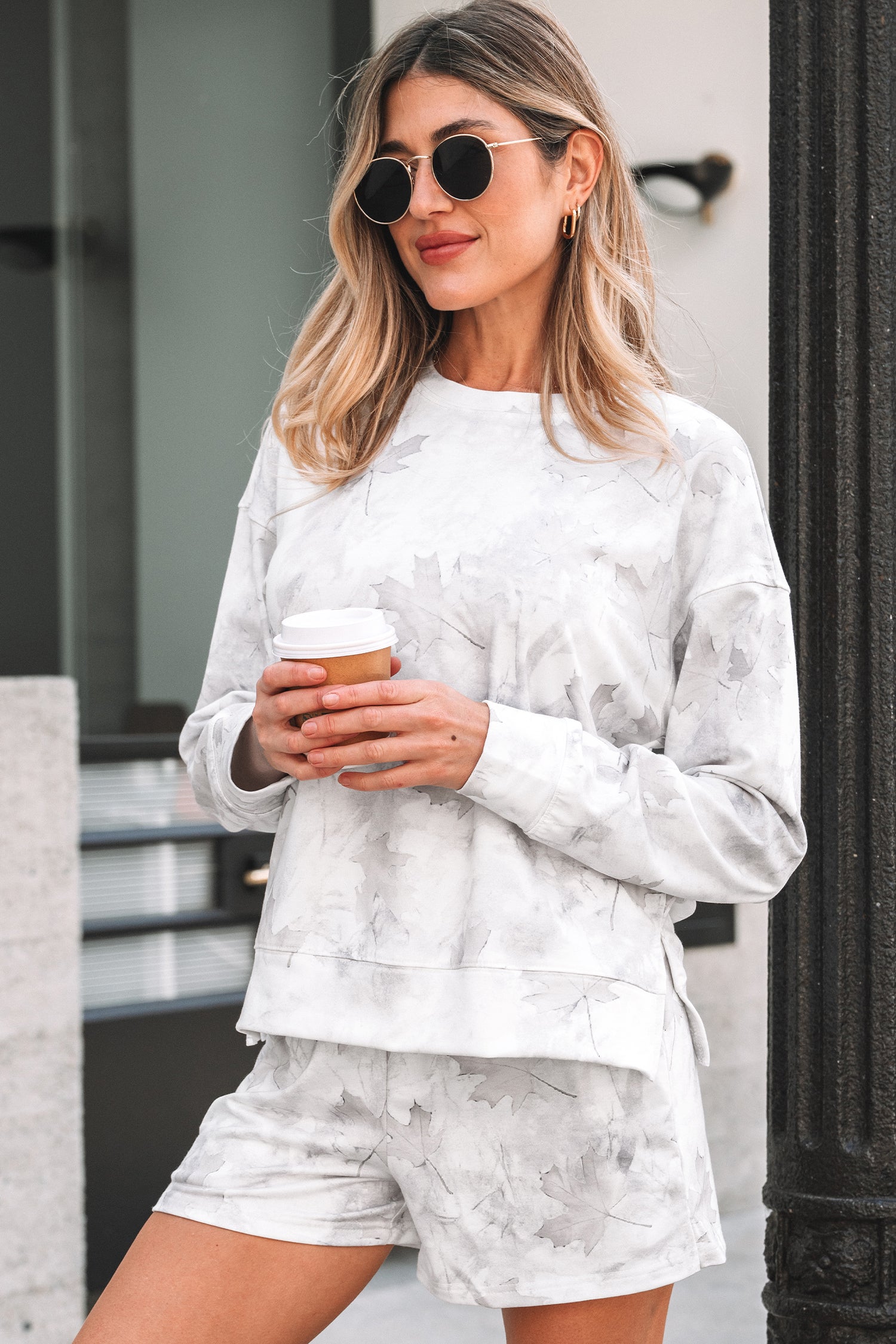 Camo Print Pullover Top and Casual Short Set