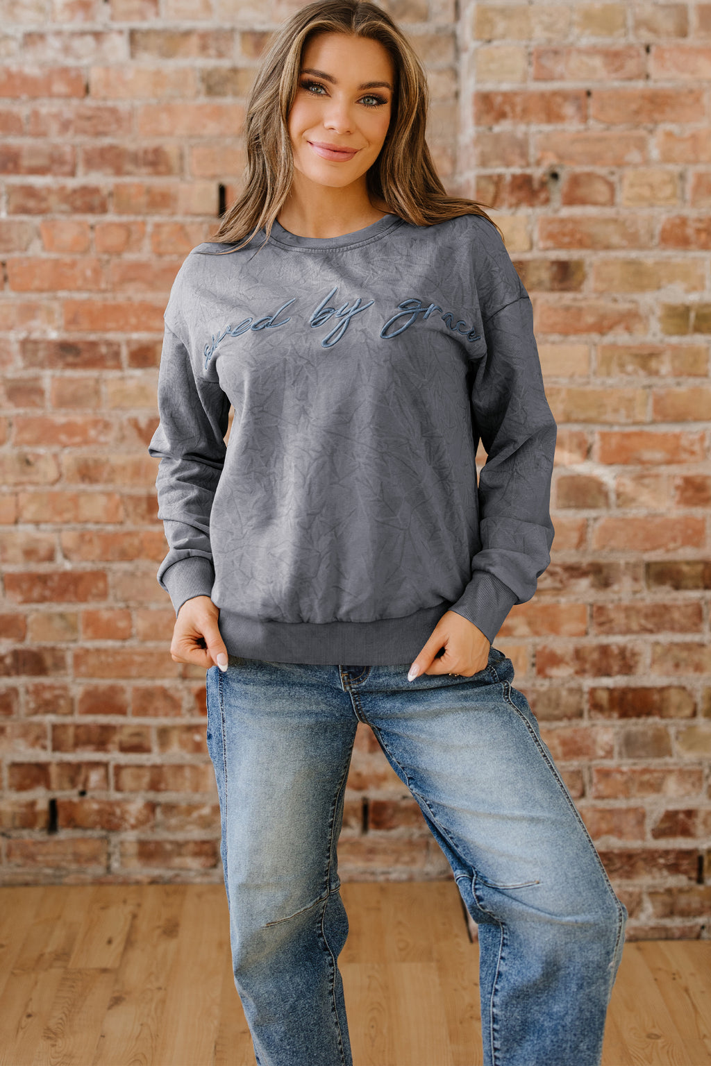 Saved By Grace Embroidered Mineral Wash Sweatshirt