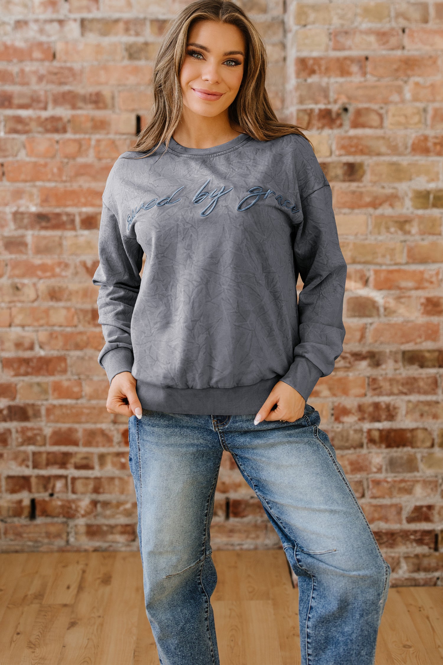 Saved By Grace Embroidered Mineral Wash Sweatshirt