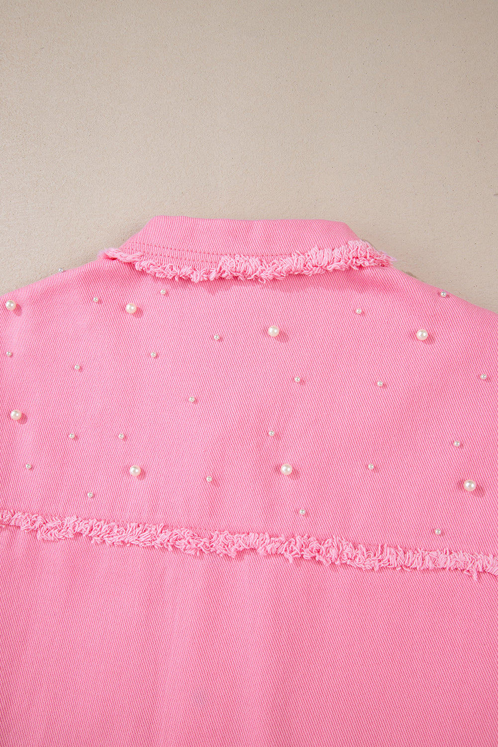 Pearl Beaded Raw Hem Button Up Denim Jacket