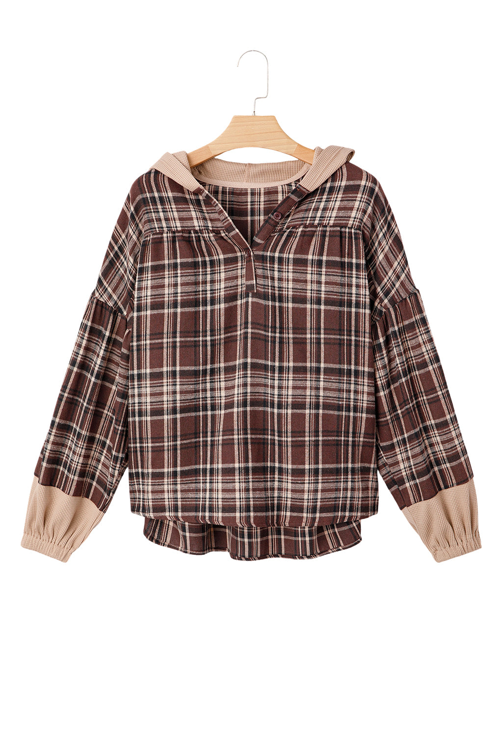 Brown Plaid Long Sleeve Hooded Sweater