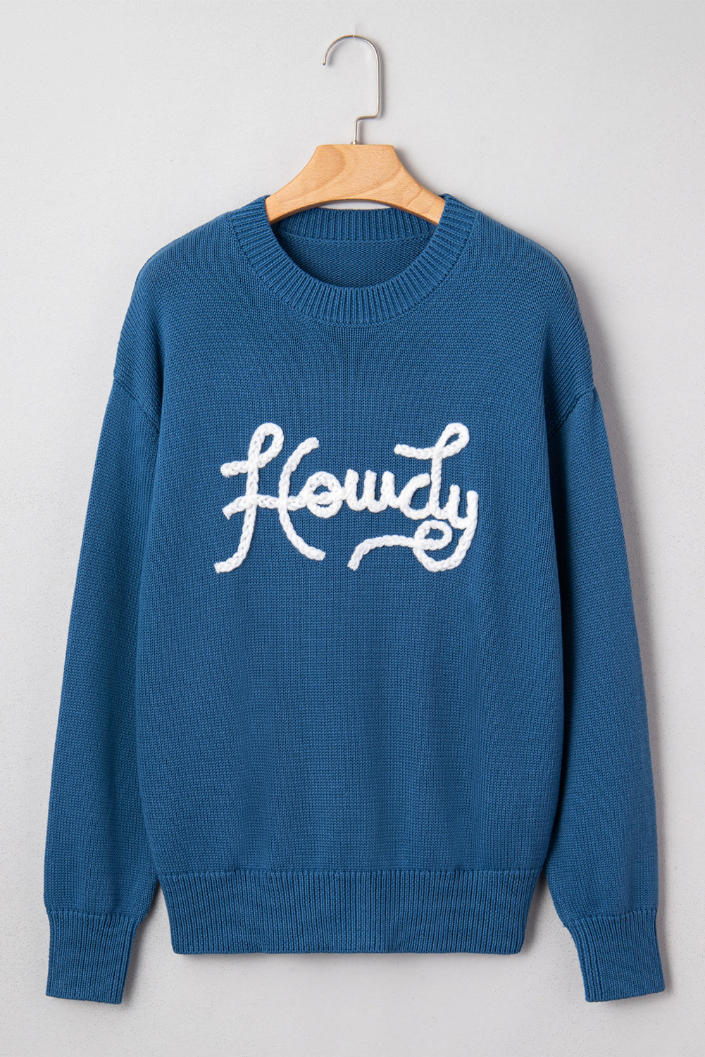 Dusk Blue Howdy Embroidered Graphic Sweater