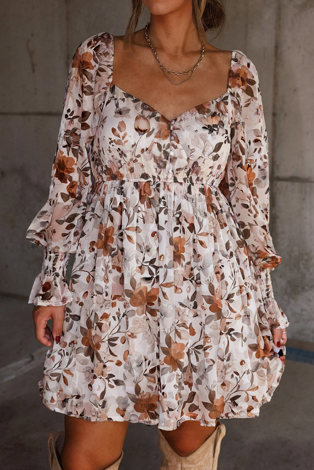 Floral Print Sweetheart Neck Long Sleeve Dress