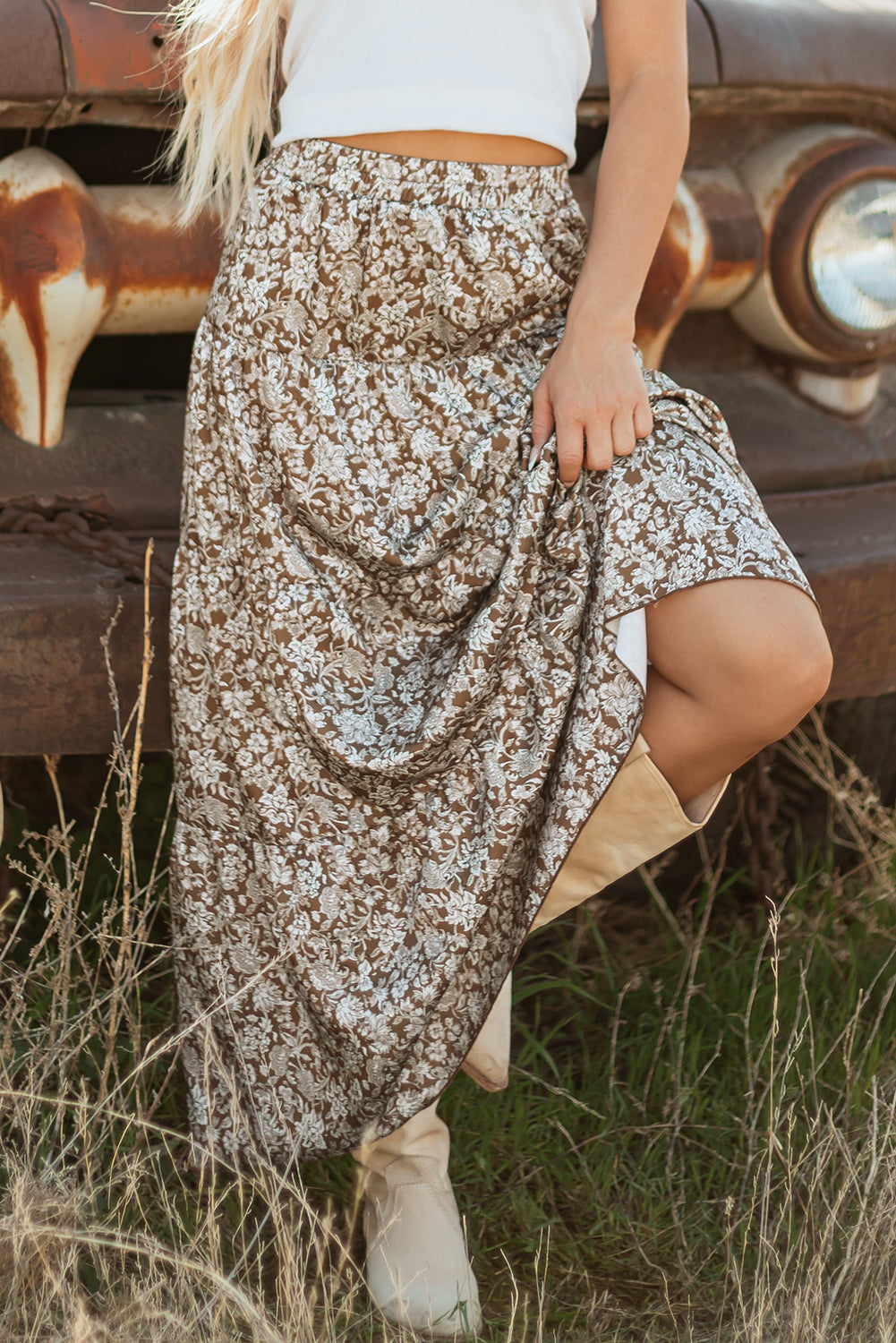 Western Floral High Waist Loose Maxi Skirt