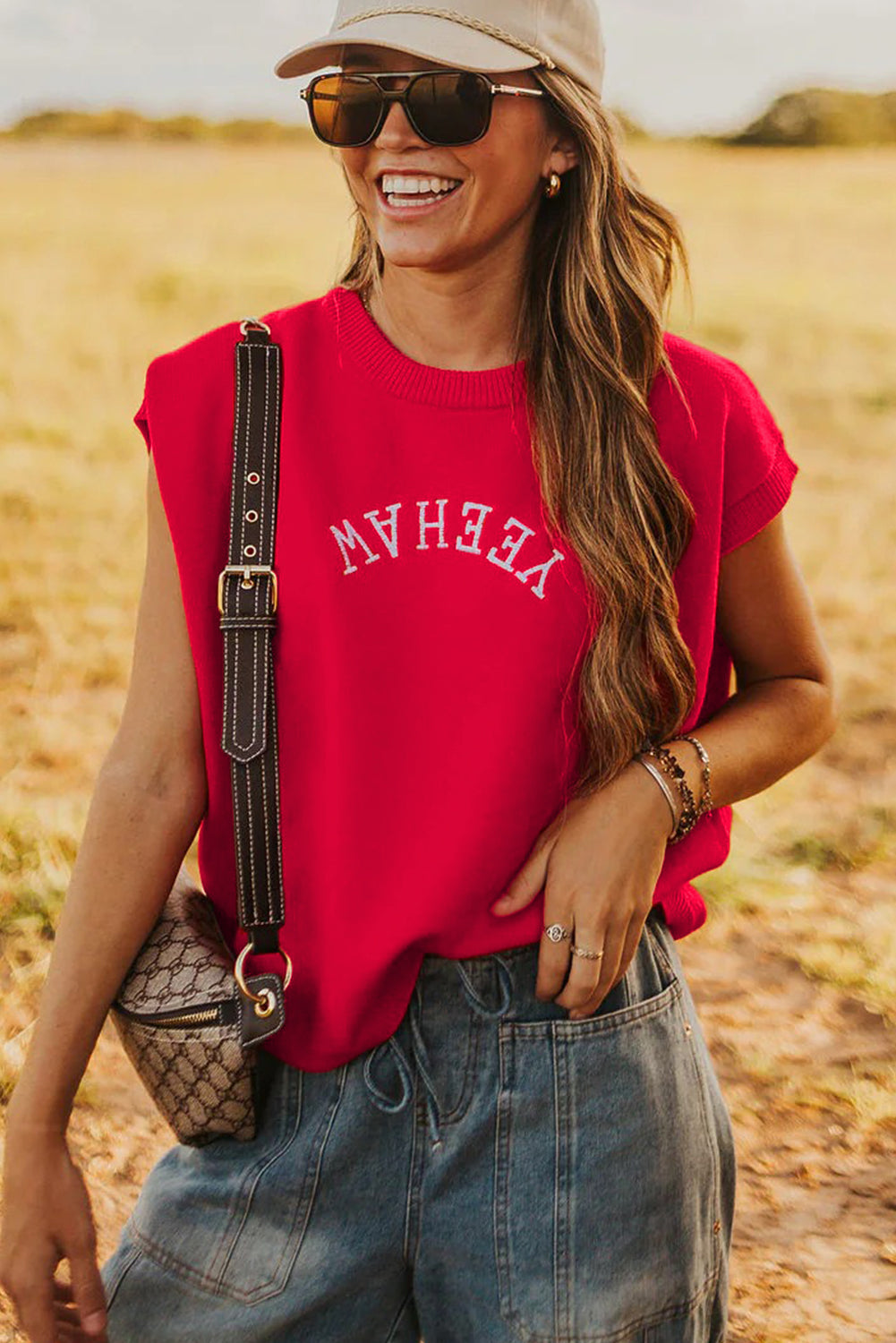 YEEHAW Embroidered Short Sleeve Sweater