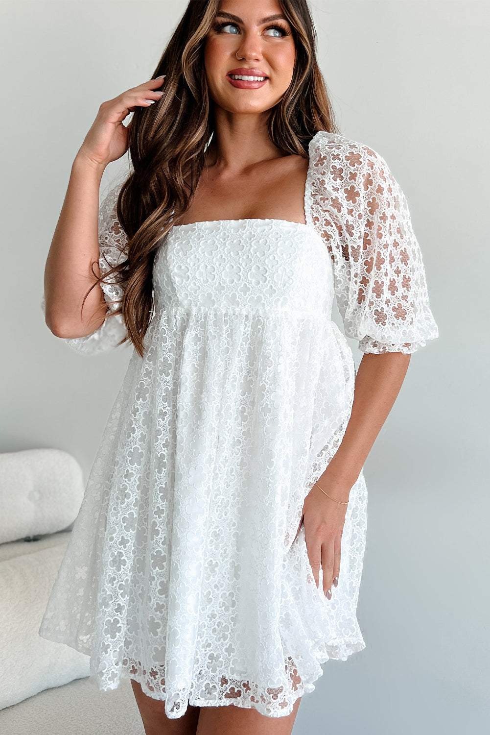 White Floral Lace Puff Sleeve Mini Dress