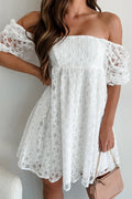White Floral Lace Puff Sleeve Mini Dress