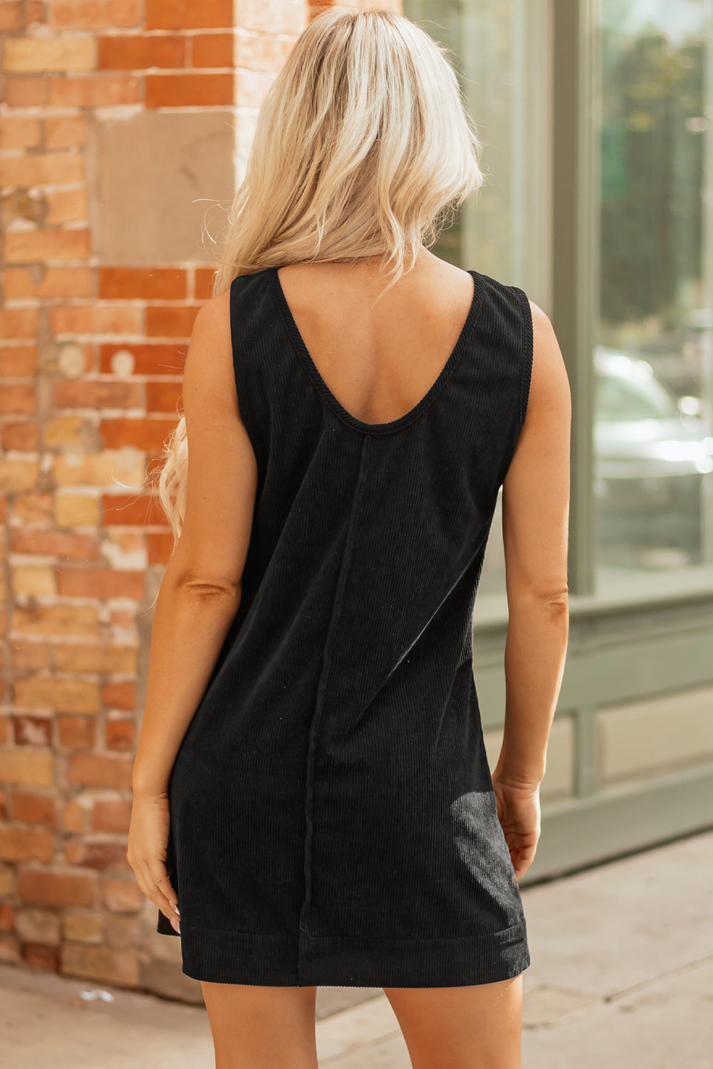 Corduroy Sleeveless Mini Dress With Patched Pockets