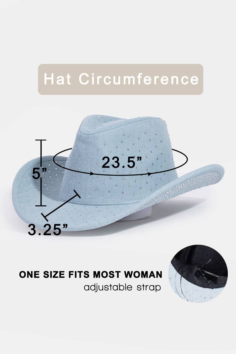 Rhinestone Studded Light Denim Western Fedora Hat