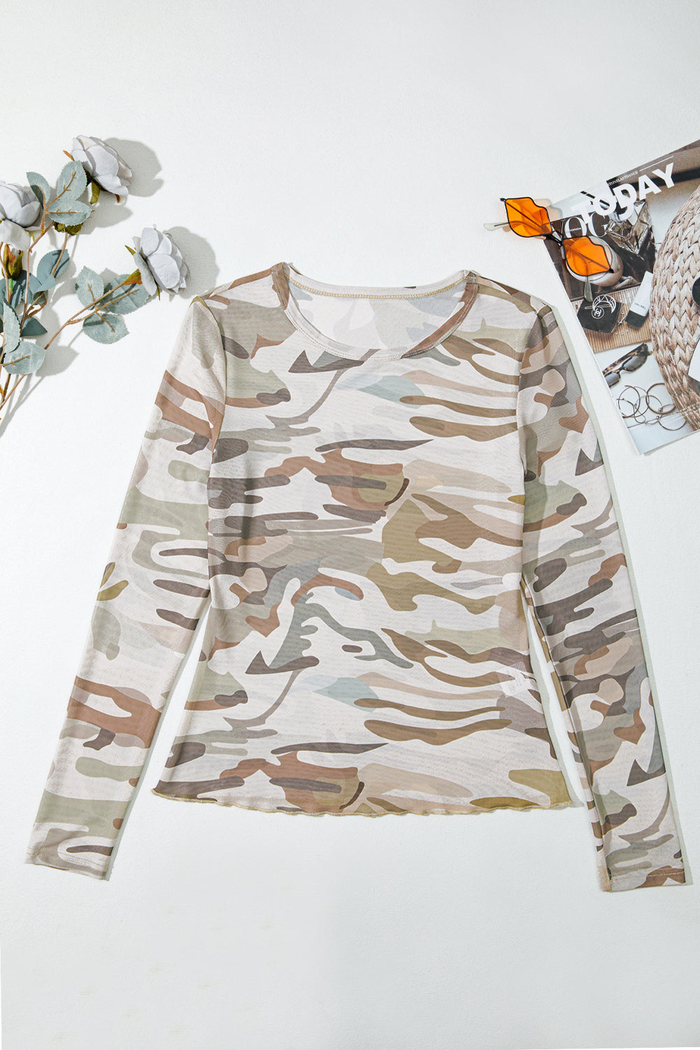 Camouflage Print Mesh Long Sleeve Top
