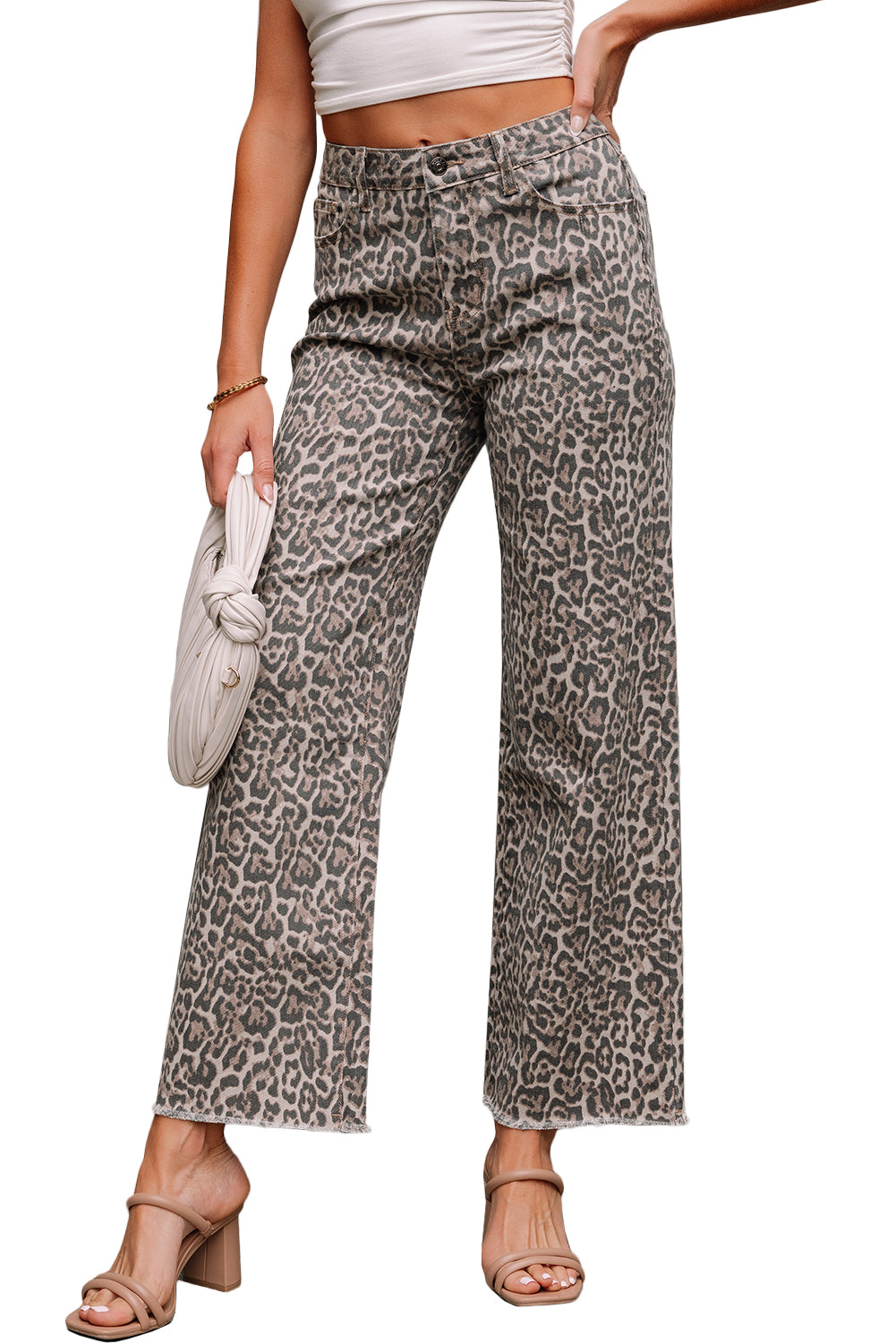 Leopard Frayed Edge Wide Leg High Waist Jeans