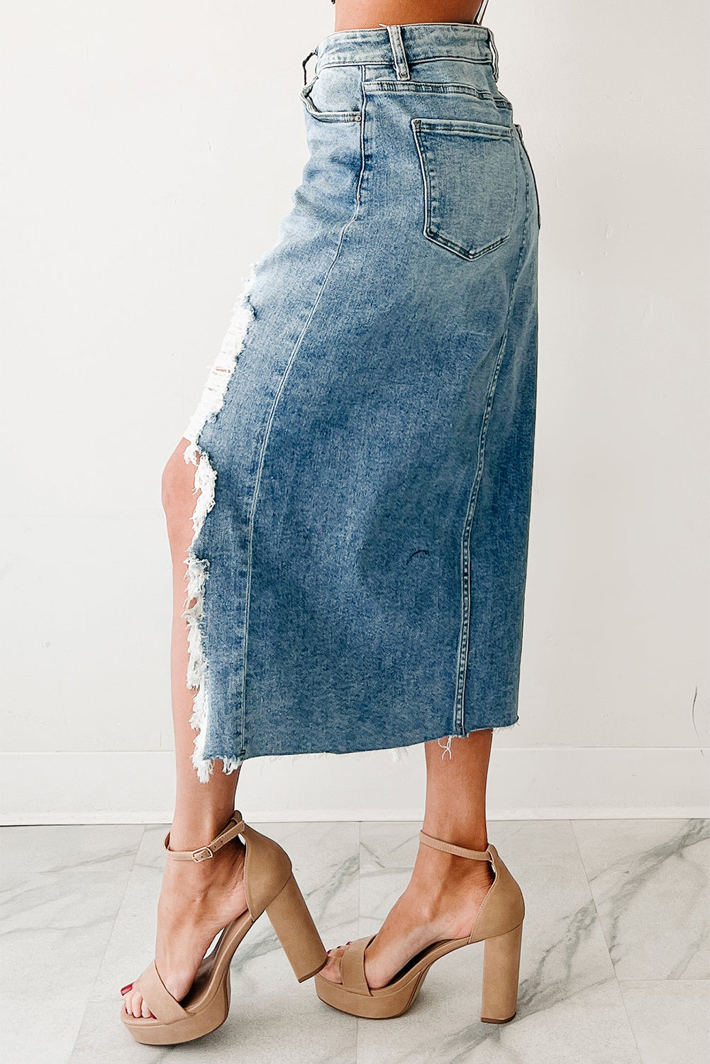 Distressed Bottom Denim Midi Skirt
