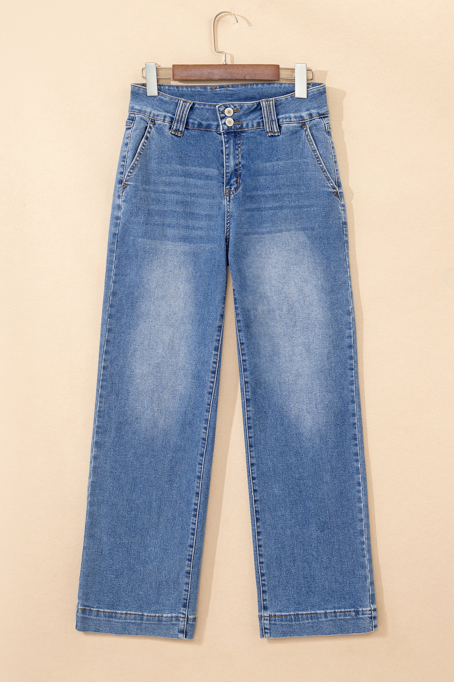 Double Button Zip Fly Straight Leg Jeans