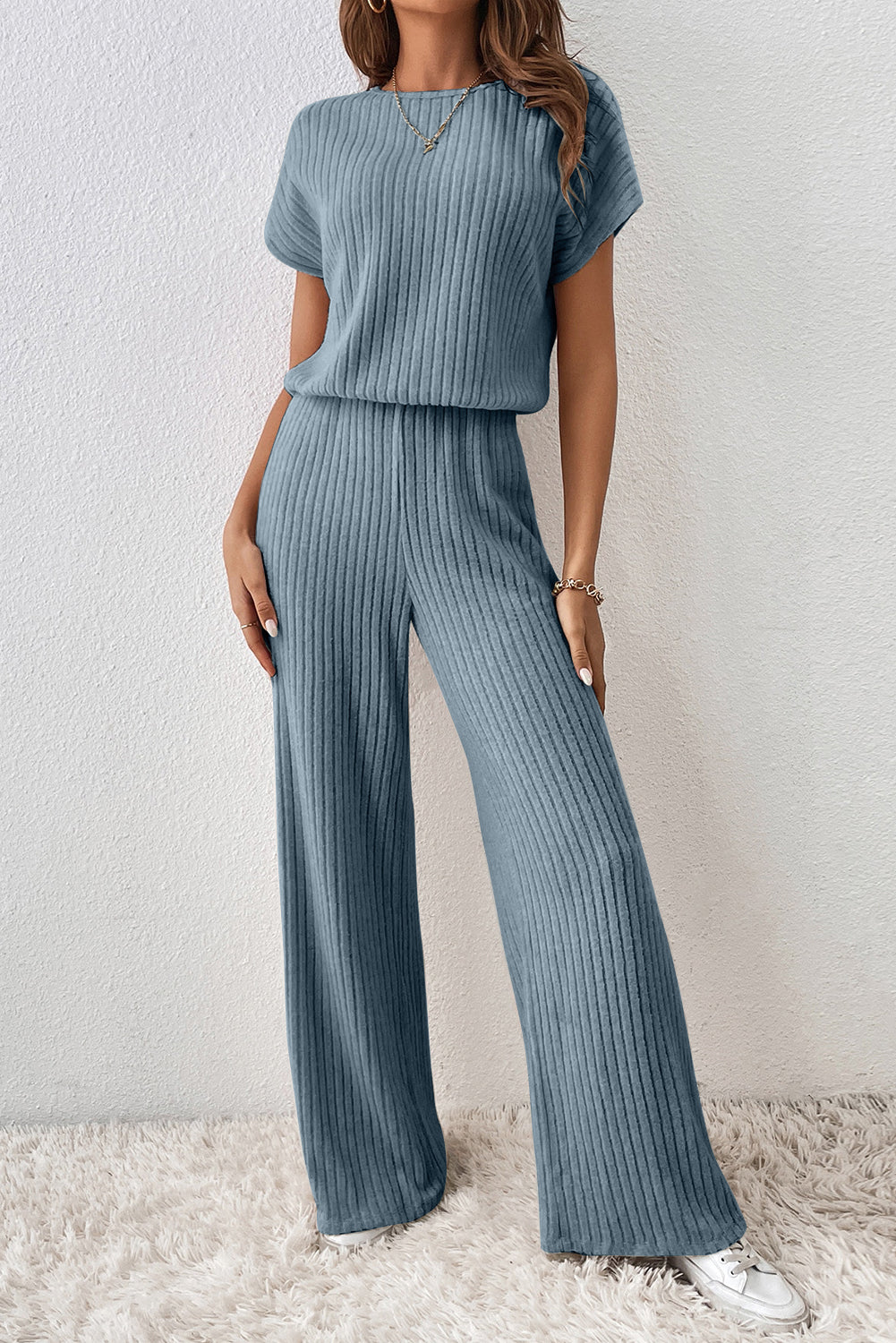 Ribbed Keyhole Short Sleeve Jumpsuit