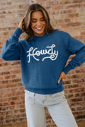 Dusk Blue Howdy Embroidered Graphic Sweater